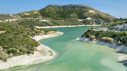 Aerial view of Korifi peak and Germasogeia water reservoir near Limassol, Cyprus