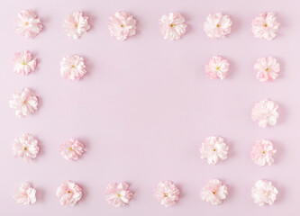 Frame made of flowers on pink background. Top view, flat lay.