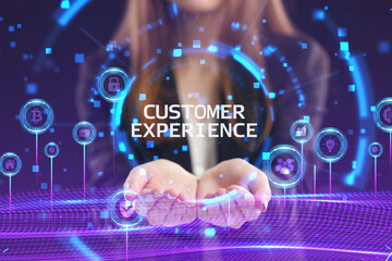 Business, Technology, Internet and network concept. Young businessman working on a virtual screen of the future and sees the inscription: Customer experience