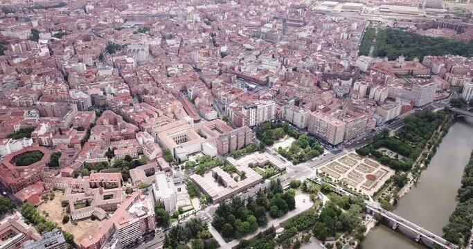 Panoramic aerial view of district of Valladolid with modern apartment buildings and river 
