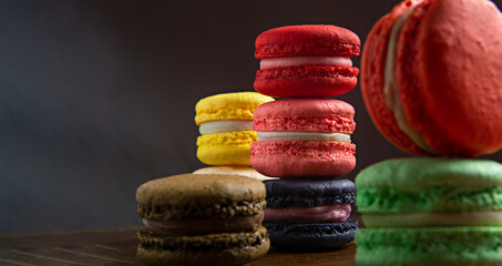 Colorful macarons cakes Small French cakes with copy space