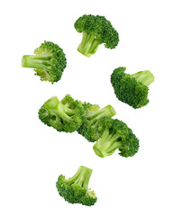 Falling Broccoli isolated on white background, clipping path, full depth of field