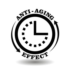 Round creative logo for Anti-aging effect cosmetics packaging. Anti age chemical complex symbol with circle clock icon isolated on white