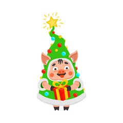 Pig character dressed as a Christmas tree gives a gift