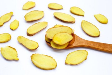 Ginger slices on a white background.