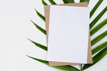 Blank paper on tropical palm leaves.