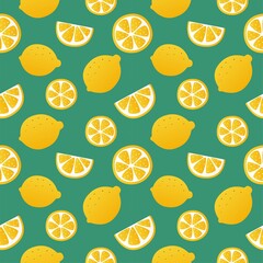 lemon slices seamless pattern on green background. fruit citrus. elements for menu. Vector illustration.