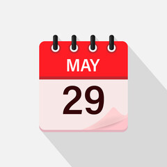 May 29, Calendar icon with shadow. Day, month. Flat vector illustration.