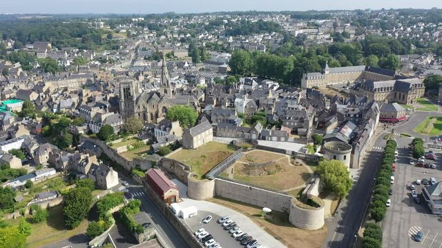 Aerial view of historic centre of Guingamp overlooking ancient Basilica of Notre Dame and former fortified castle, Brittany, France