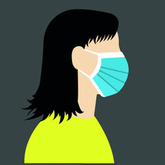 Illustration Of Woman Wearing Blue Surgical Mask COVID 19 Flat Design Vector
