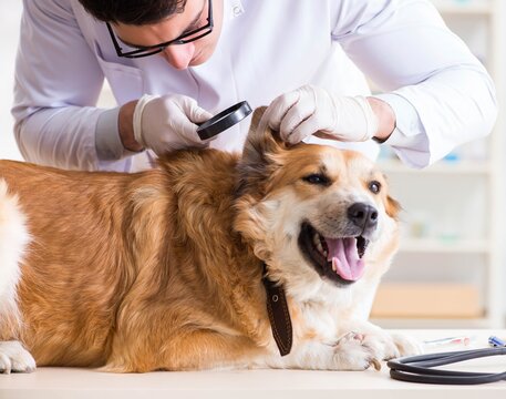 Doctor examining golden retriever dog in vet clinic
