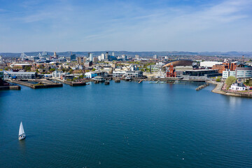 Aerial drone view of Cardiff Bay, the capital city of Wales
