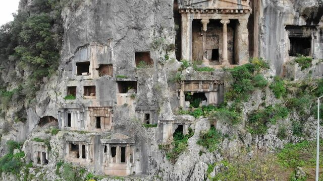 Lycian Rock Tombs. Fethiye. Turkey. View from above. High quality 4k footage