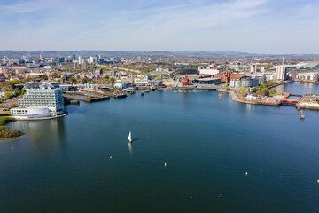 Aerial view of Cardiff Bay and the background city of Cardiff,Wales