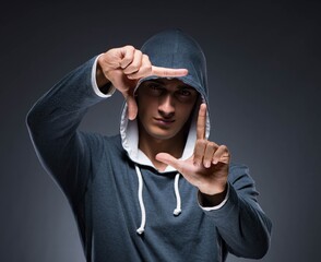 Innovation concept with young man pressing virtual buttons