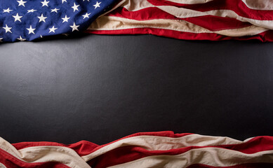 Happy presidents day concept with flag of the United States on black wooden background.