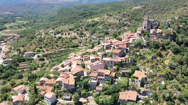 Panoramic view from above on the city Eus. Small town located on high mountain. Eastern Pyrenees. France. High quality 4k footage