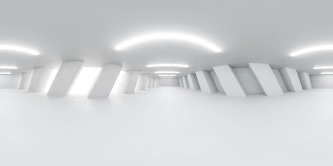 full 360 spherical panorama view of big abstract futuristic hall basement open building 3d render illustration