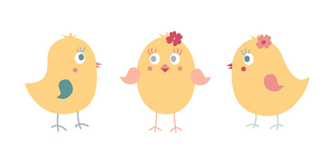 Fototapeta premium Easter chickens on a white background, for children's books, postcards, printing on fabric, posters and paintings.