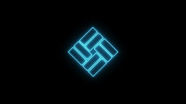Linear neon animation of blue parquet logo on black background. Motion graphic, 4K video