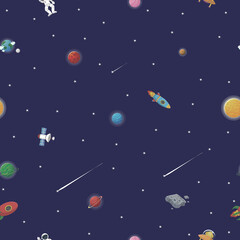 Space pattern with planets and stars. Astronaut