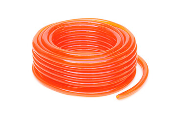 Transparent plastic water hose in orange color isolated on white background