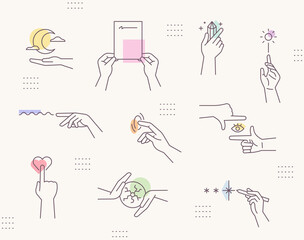 Emotional mood hand gestures. Line drawing icons and soft colors. Simple pattern design template. - 430054267