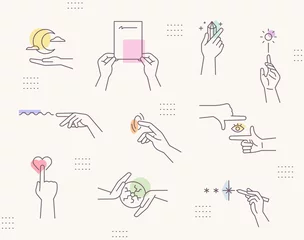 Fotobehang Emotional mood hand gestures. Line drawing icons and soft colors. Simple pattern design template. © MINIWIDE