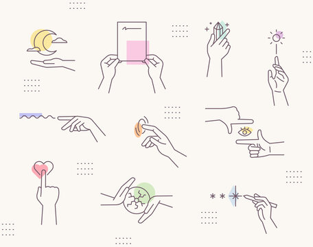 Emotional mood hand gestures. Line drawing icons and soft colors. Simple pattern design template.