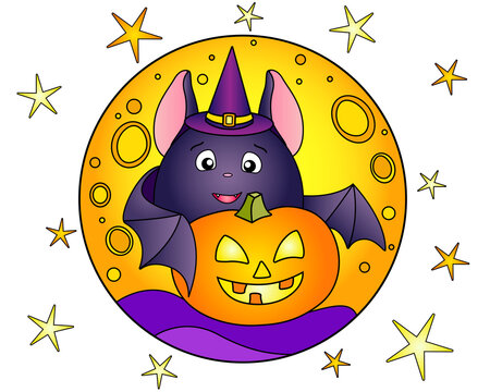 recommend clip art: Fat bat and Halloween pumpkin on the background of the moon and stars - vector linear color illustration. Jack's lantern and bat wearing a witch hat is a multicolored stained glass window or batik. Mo
