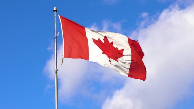 Canadian flag waving in the wind with blue sky and clouds; slow motion
