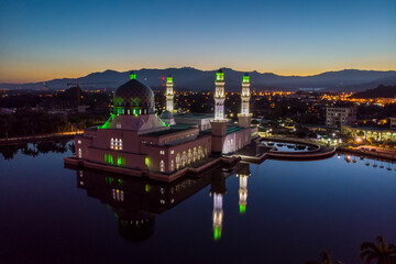 Aerial Drone image of beautiful mosque and the most famous tourist spot Likas Mosque(Masjid...