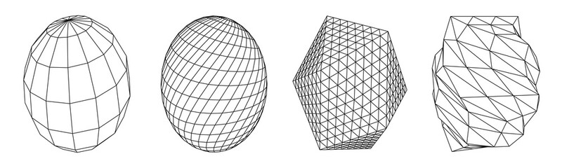 Set of wireframe geometric spheres. Network line concept. Vector illustration for science.