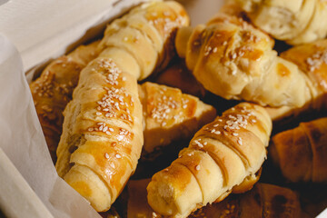 Close up on fresh homemade croissants on the table in bowl