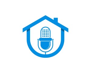 Simple blue house with podcast microphone inside