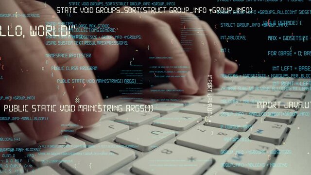 Creative visual of computer programming coding and software development shown by man working on computer keyboard with overlay of computer graphic displaying abstract program codes and computer script