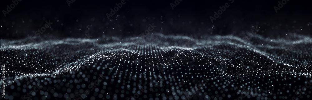Poster Wave of particles. Dynamic wave on black background. Big data visualization. Data technology abstract futuristic illustration. 3d rendering.