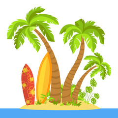 Tropical beach flat cartoon island, surfboard. Palm trees and sea sand, ocean landscape, monstera, surfing concept. Coconut palm, hand drawn summer beach vector illustration