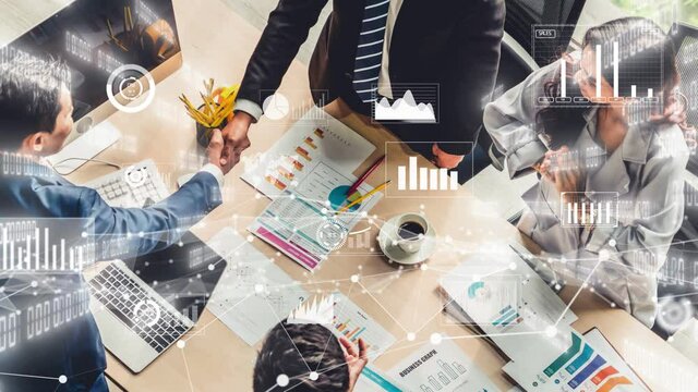 Creative visual of business people in corporate staff meeting . Concept of digital technology for marketing data analysis and investment decision making .