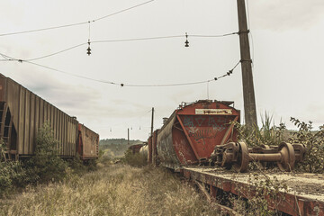 old abandoned traintrain, old, transportation, agriculture, tractor, sky, field, railway, railroad, farm, harvester, locomotive, transport, rail, industry, equipment, machinery, combine, rusty, travel