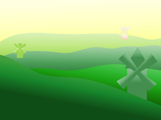 Beautiful colored landscape green hills with silhouettes of mills. Panoramic drawing of natural green fields with mills. 3D illustration for the background of the site, a banner about nature.