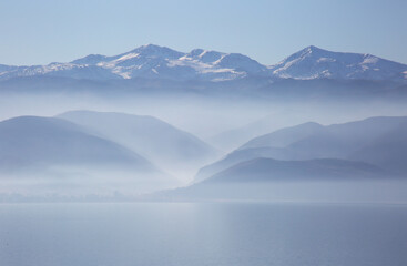 Albanian side Pogradec from Lake Ohrid in Macedonia.