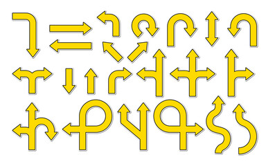 Flat yellow paper road sign sticker with shadow, set. Icons of label, navigation or direction way. Rounded arrows. Various pointer, traffic turn, branching, double cursor. Isolated vector illustration