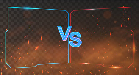 Red and blue Versus Battle banner with neon frames, smoke and sparks. VS background for competition, match game, sport, fights. VS neon letters on red and blue background. Vector Illustration Versus © SergeyBitos