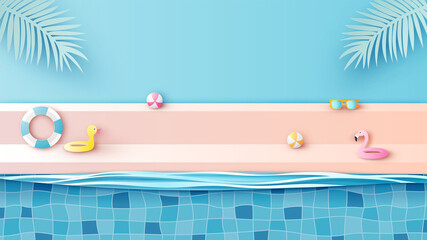 Summer poolside scene with duck swim ring, flamingo swim ring, ball beach and sunglasses. Swimming pool stage podium scene. paper cut and craft style. vector, illustration. © ibom
