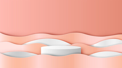 Circle stage podium for Summer with sea wave background and blank space. Summer mockup template. paper cut and craft style. vector, illustration.