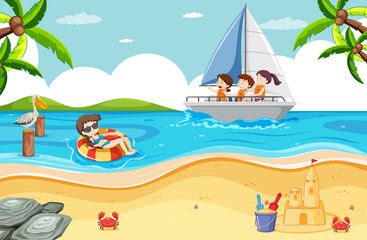 Fototapeta na wymiar Beach scene with children on a sailboat
