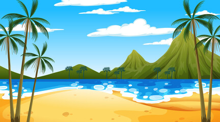 Fototapeta na wymiar Tropical beach scene with mountain background at day time