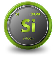 Silicon chemical element. Chemical symbol with atomic number and atomic mass.