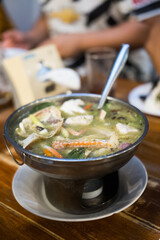 Tom Yum seafood soup in hot pot, Thai food favorite